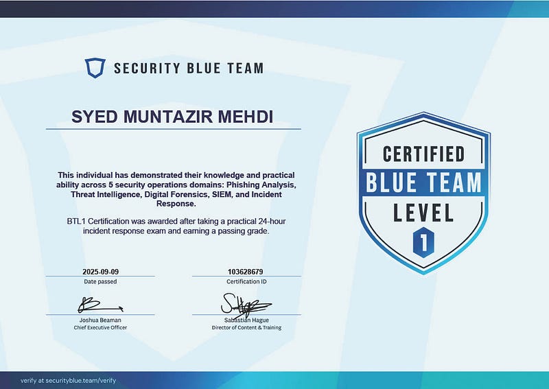 Security Blue Team — Blue Team Level 1 certificate